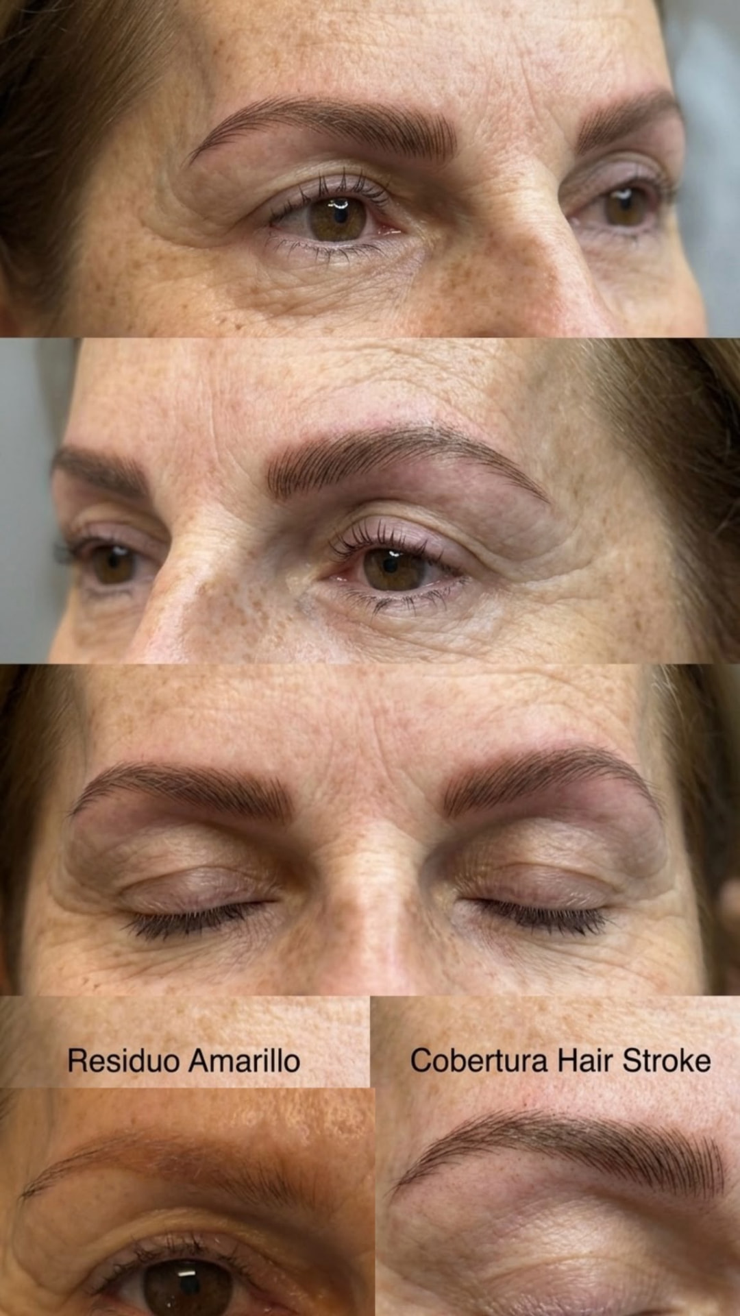 Antes y después de cobertura hair stroke sobre residuo amarillo en cejas